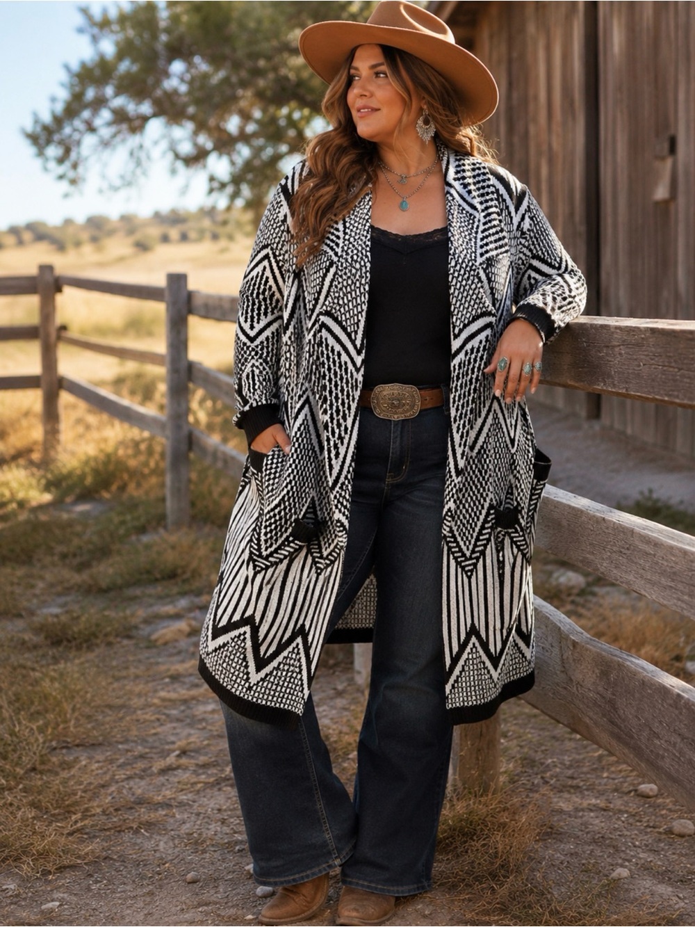 Absolutely Famous 1X Southwestern Aztec Geometric Long Cardigan Sweater